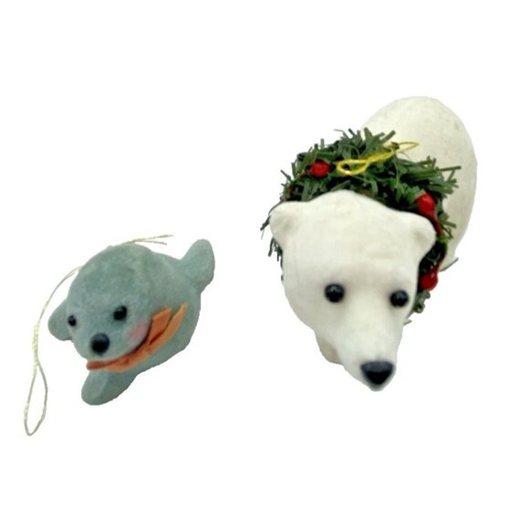 2 Fuzzy Christmas Ornaments Seal & Polar Bear Flocked Holiday Decor Kitsch Retro - Picture 12 of 12